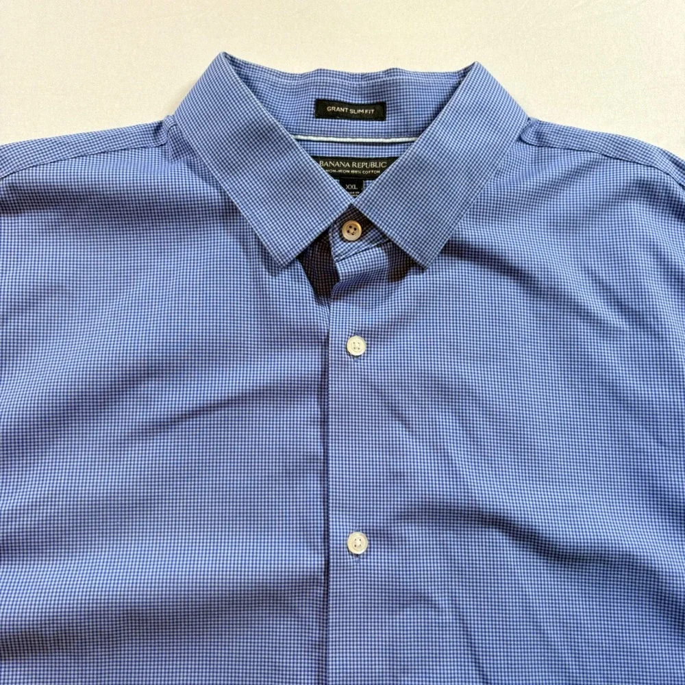 Banana Republic Dress Shirt Mens XXL Grant Slim Fit Blue Gingham Non-Iron Cotton
